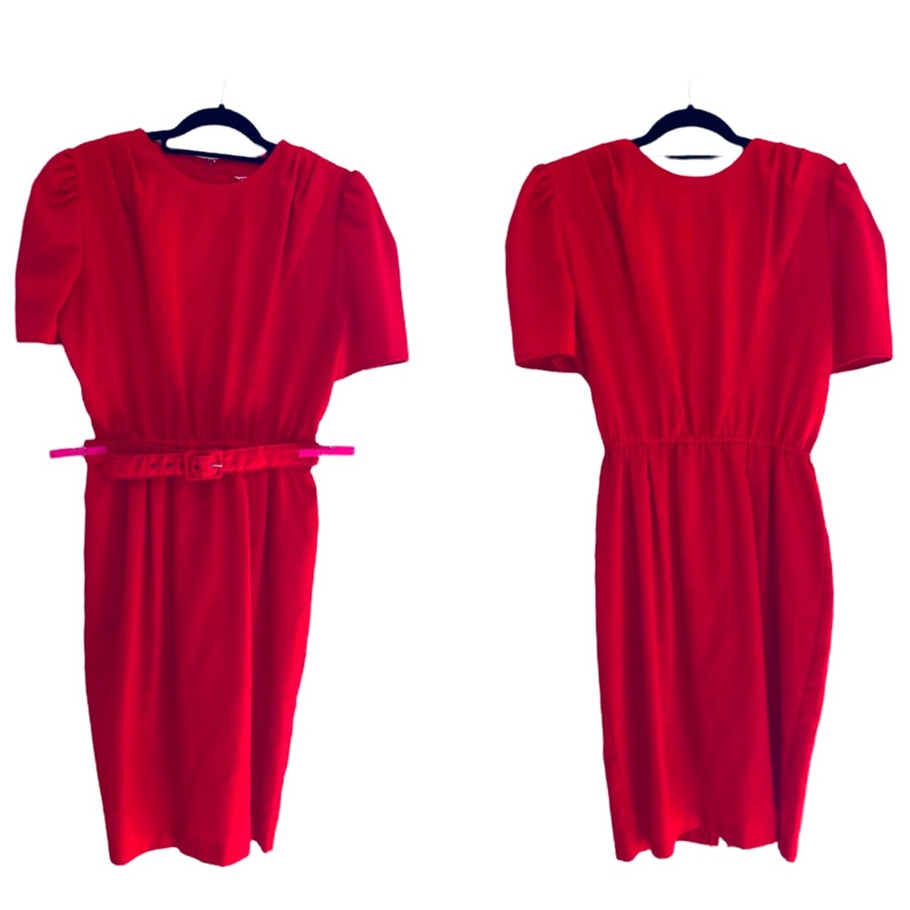 Vintage Red Short Sleeve Belted Pencil Sheath Midi Dress Size 12